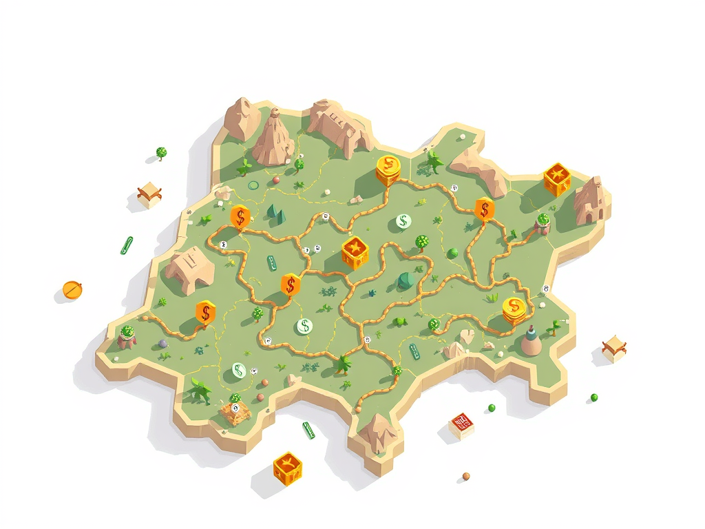 A colorful illustrated map representing a financial journey, featuring pathways, trees, mountains, and money symbols, guiding users through personal finance concepts.