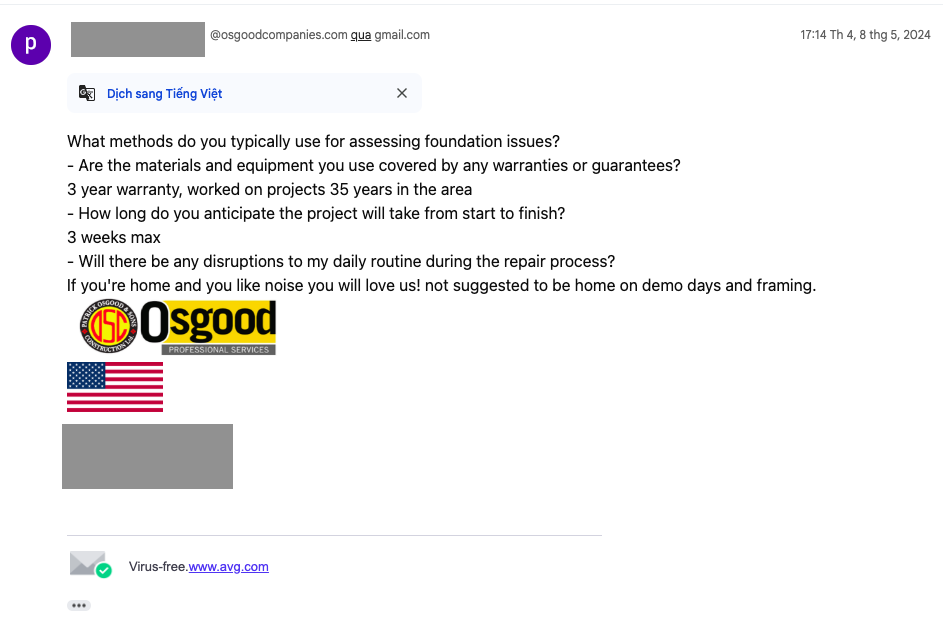 Email correspondence regarding foundation repair with Osgood Construction, including questions about methods, warranties, project duration, and disruptions during repairs.
